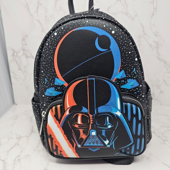 NWT Loungefly Star Wars - Darth Vader Death Star Print Light Up Mini Backpack - Picture 1 of 4